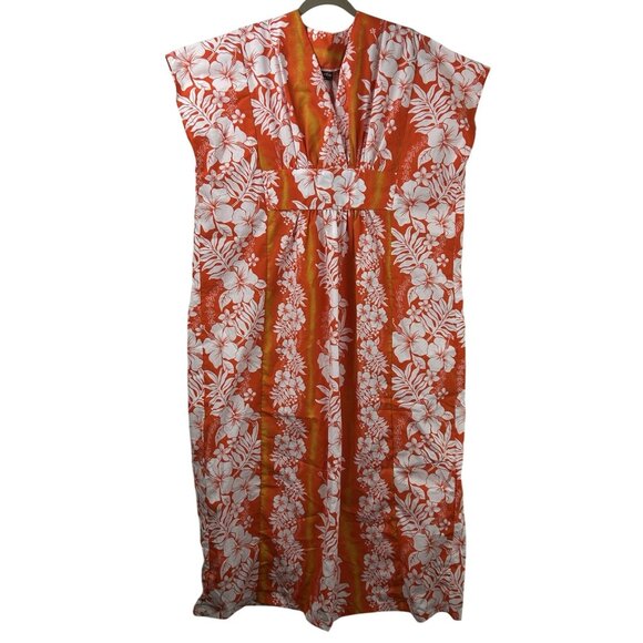VTG Tropical Eve Hawaii One Size Maxi Dress Kaftan Orange Scenic Floral Hibiscus - Picture 1 of 15